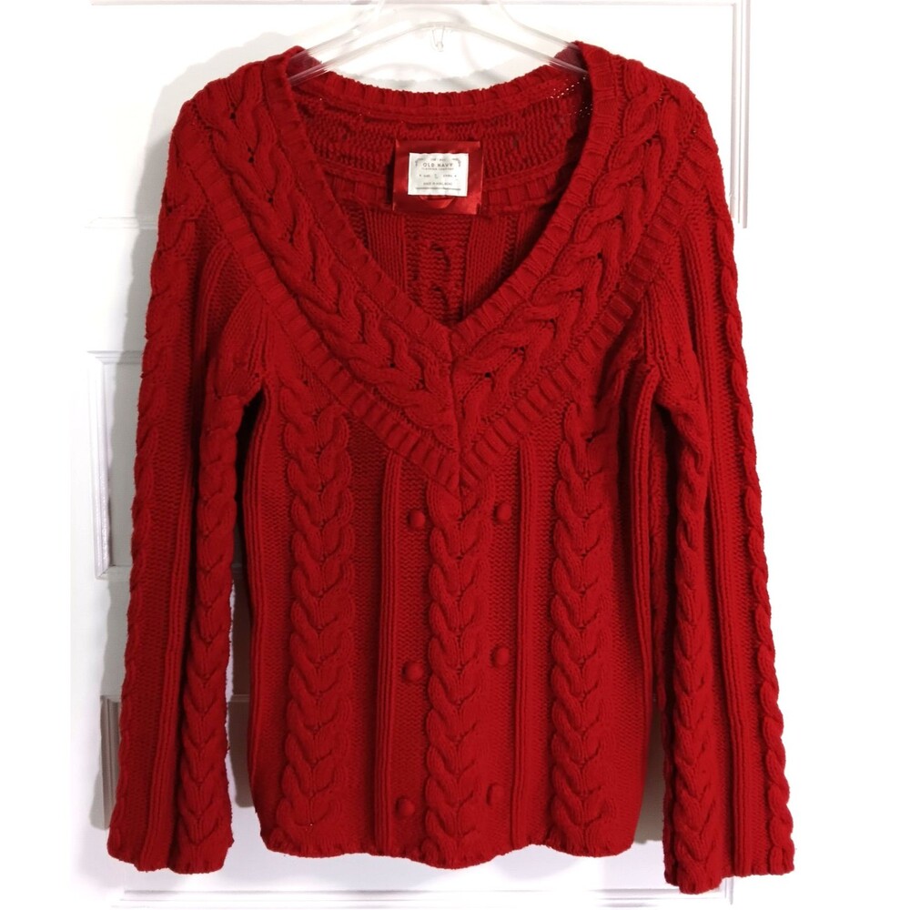 VTG Old Navy Sweater L Red Lambswool Cable Knit Fisherman Chunky Preppy Holiday
